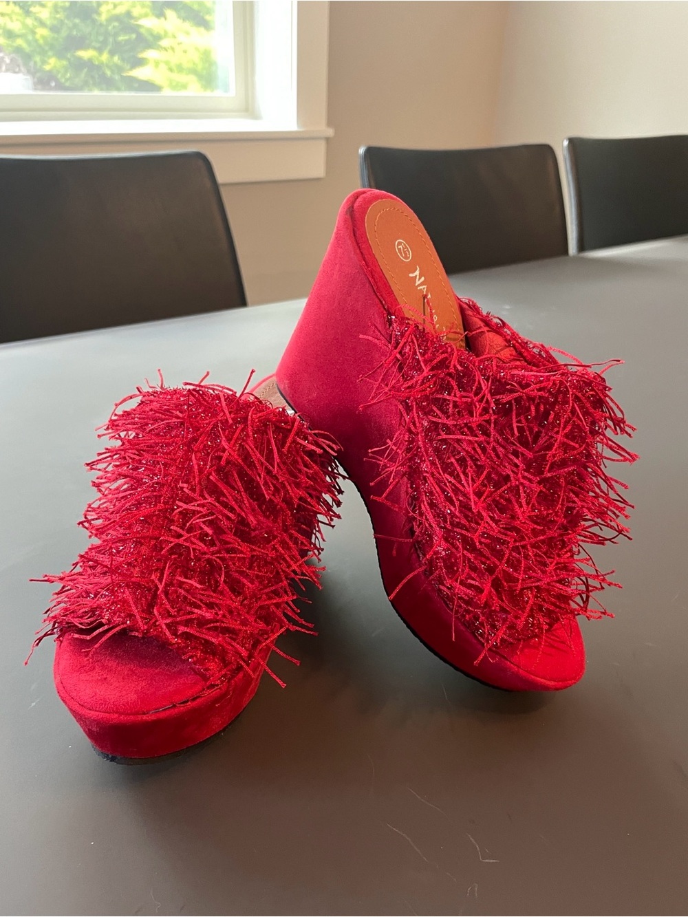 Nature Breeze Red Fringe Slide Mules